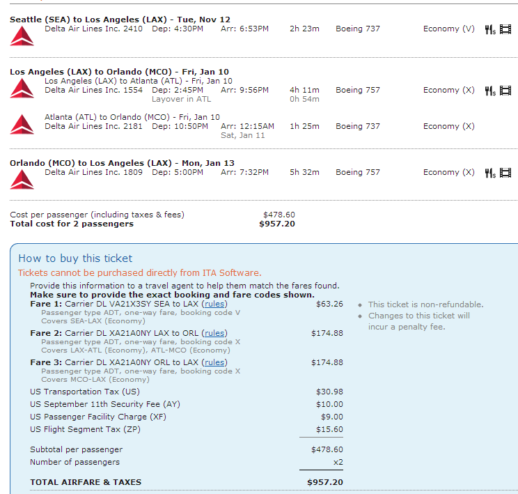 Click for larger view.  These were also some of the least expensive flights--something to consider when pricing out award tickets is not just the flights you end up booking, but also the lowest cost ones, as you'd likely buy those anyway. 