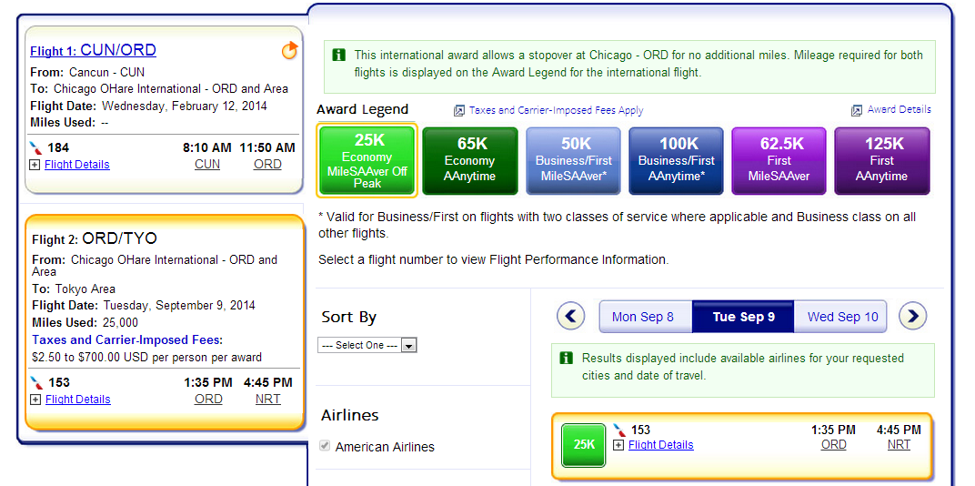 Notice our flight back from CUN-ORD is the same flight we found in step one during our alaskaair.com search.